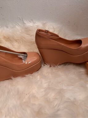 Nude Patent Platform Wedge Pumps - Women